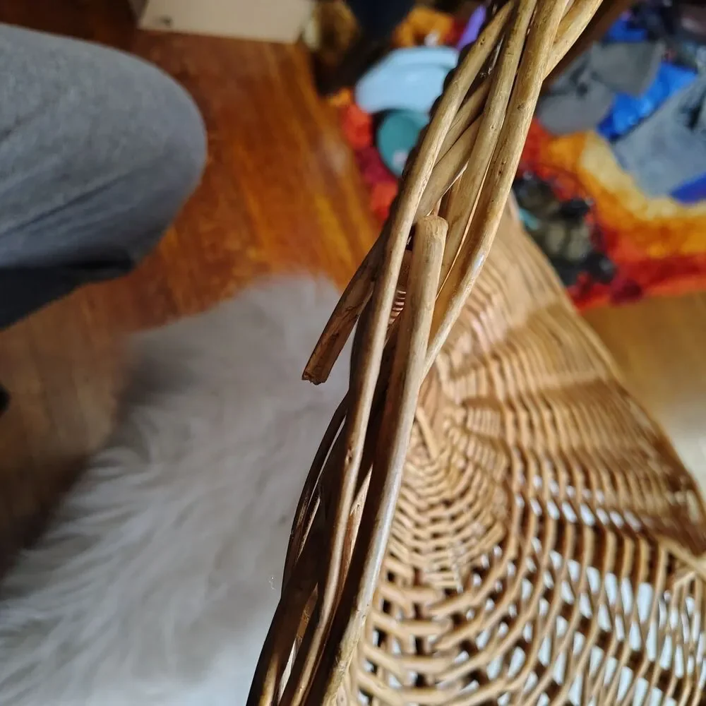 Wicker VTG Flower Gathering Basket W Curved Handle & Graceful Scooped Sides